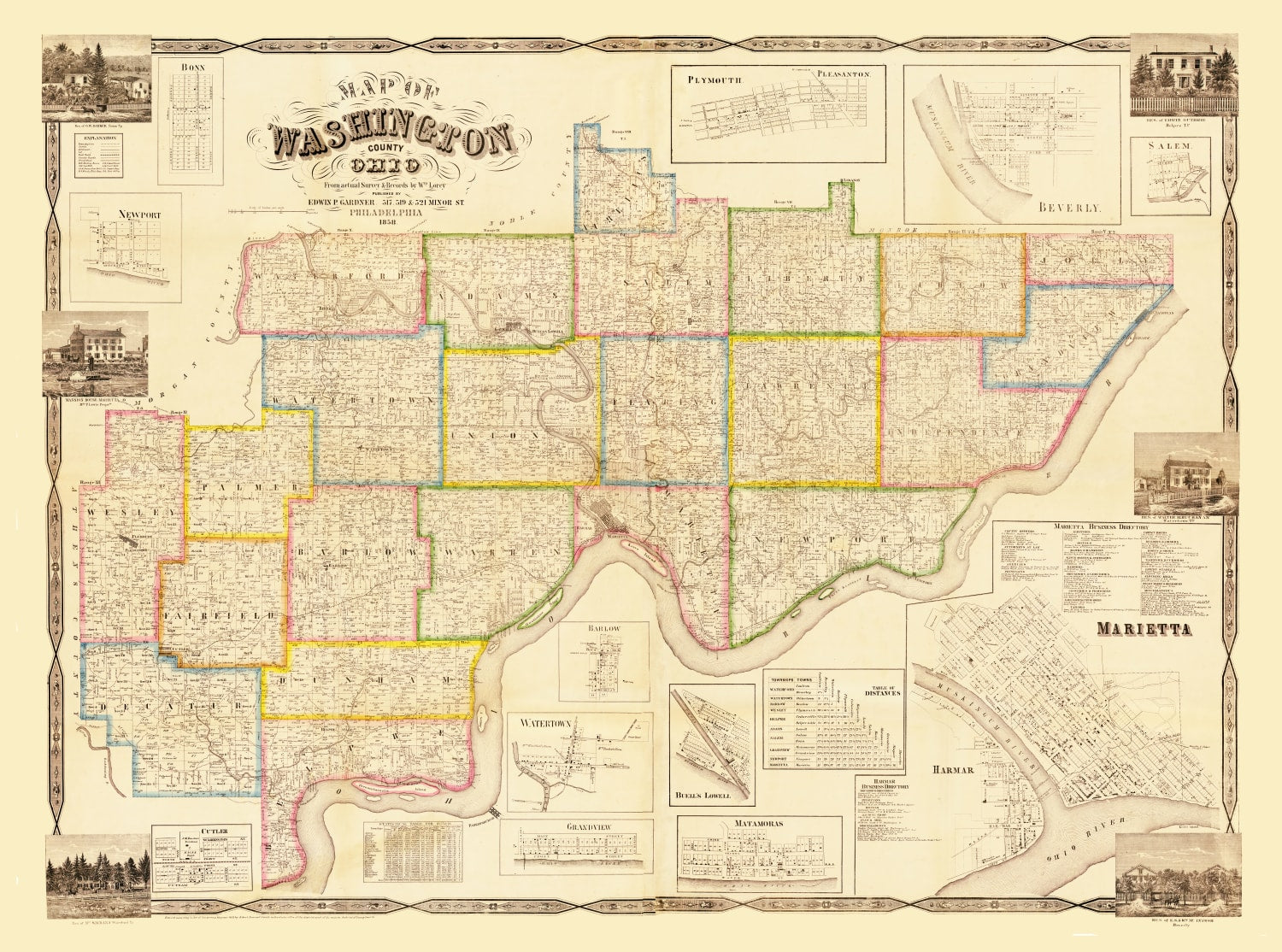 Vintage Map of Washington County, Ohio 1858