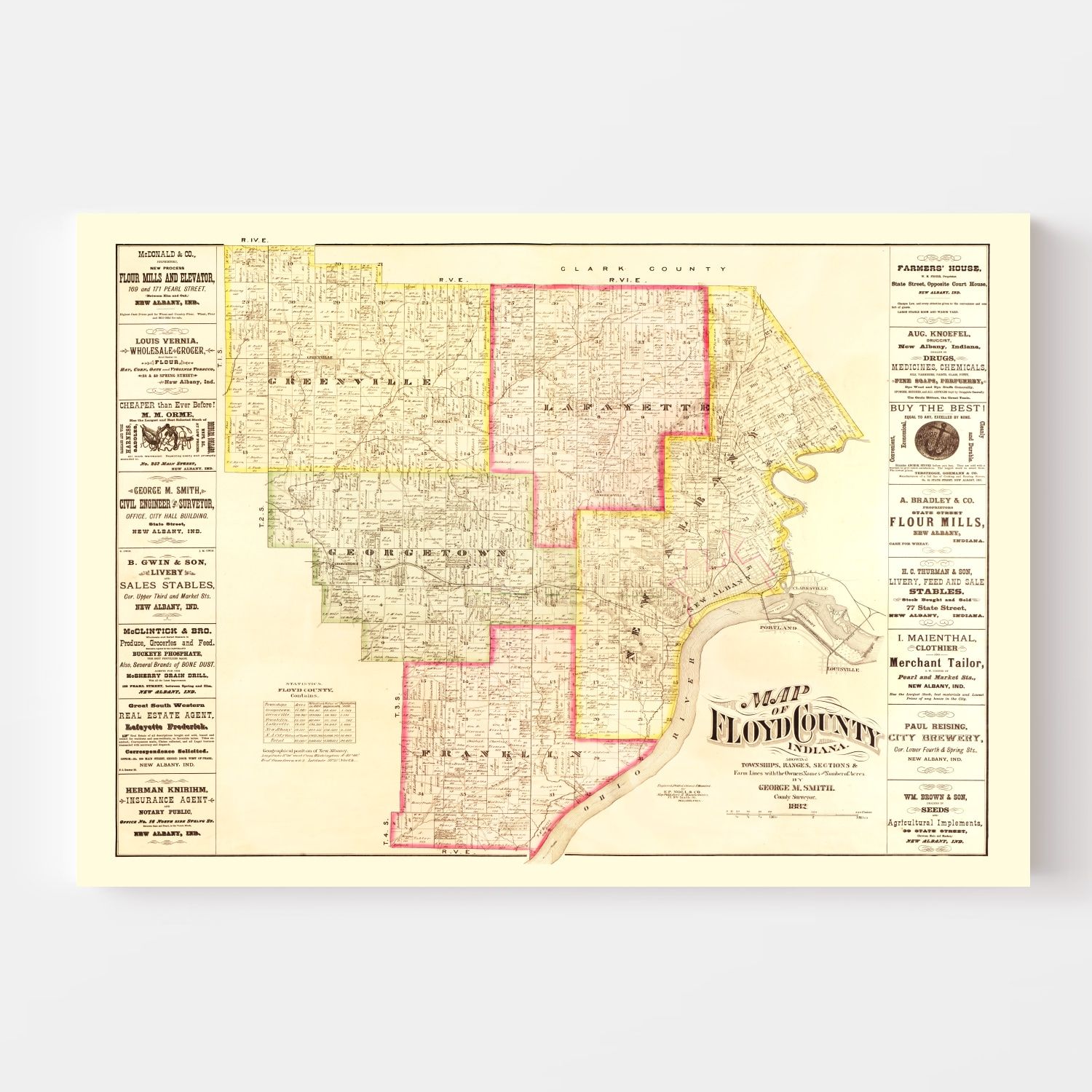 Vintage Map of Floyd County, Indiana 1882