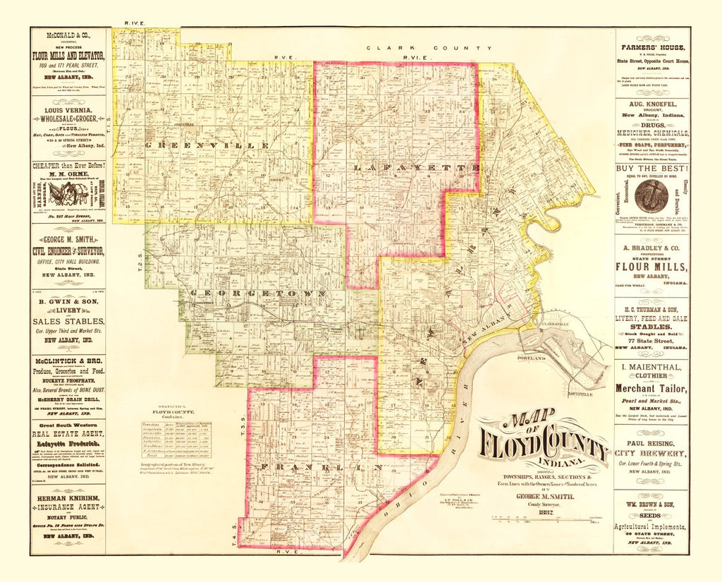 Vintage Map of Floyd County, Indiana 1882