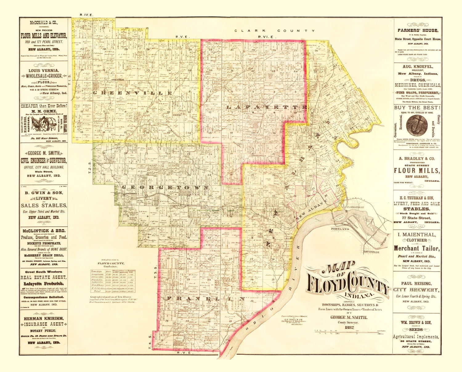 Vintage Map of Floyd County, Indiana 1882