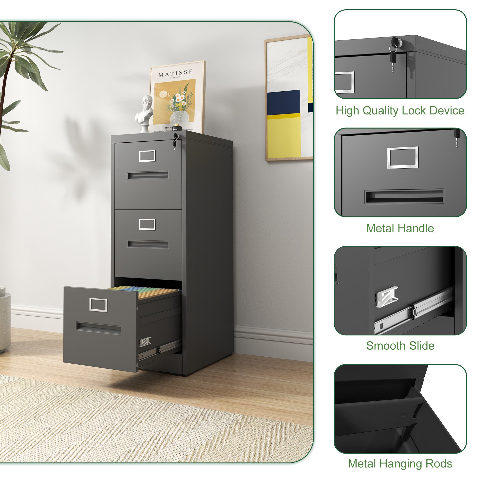 Premium Metal 3 Drawer File Cabinet with Lock for A4 Legal/Letter Size Storage, Black Steel, 15.16x17.72x40.39 inches