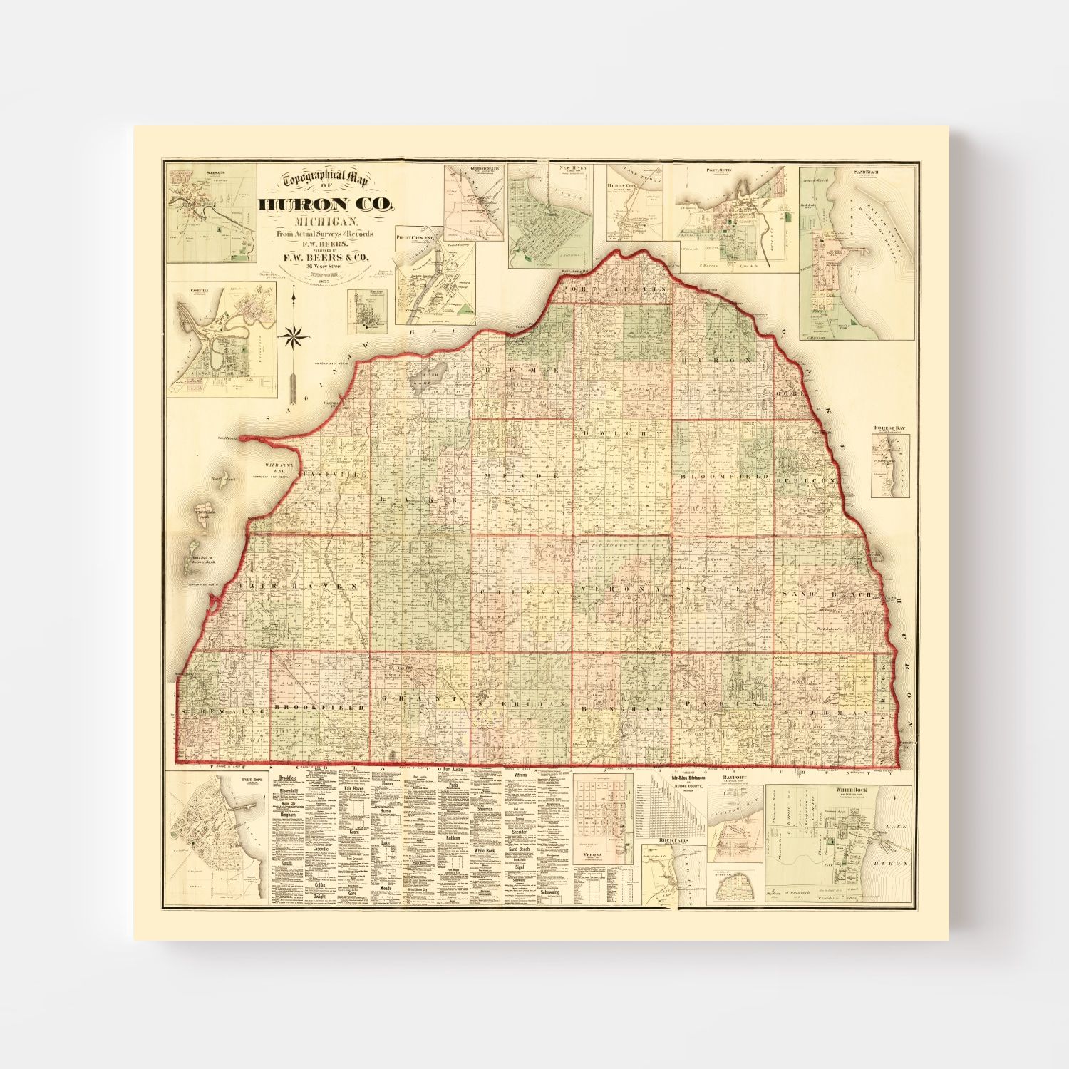 Vintage Map of Huron County, Michigan 1875