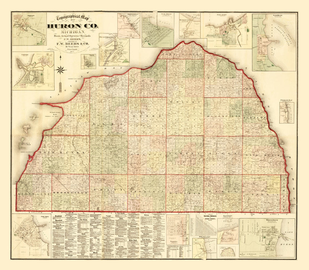 Vintage Map of Huron County, Michigan 1875