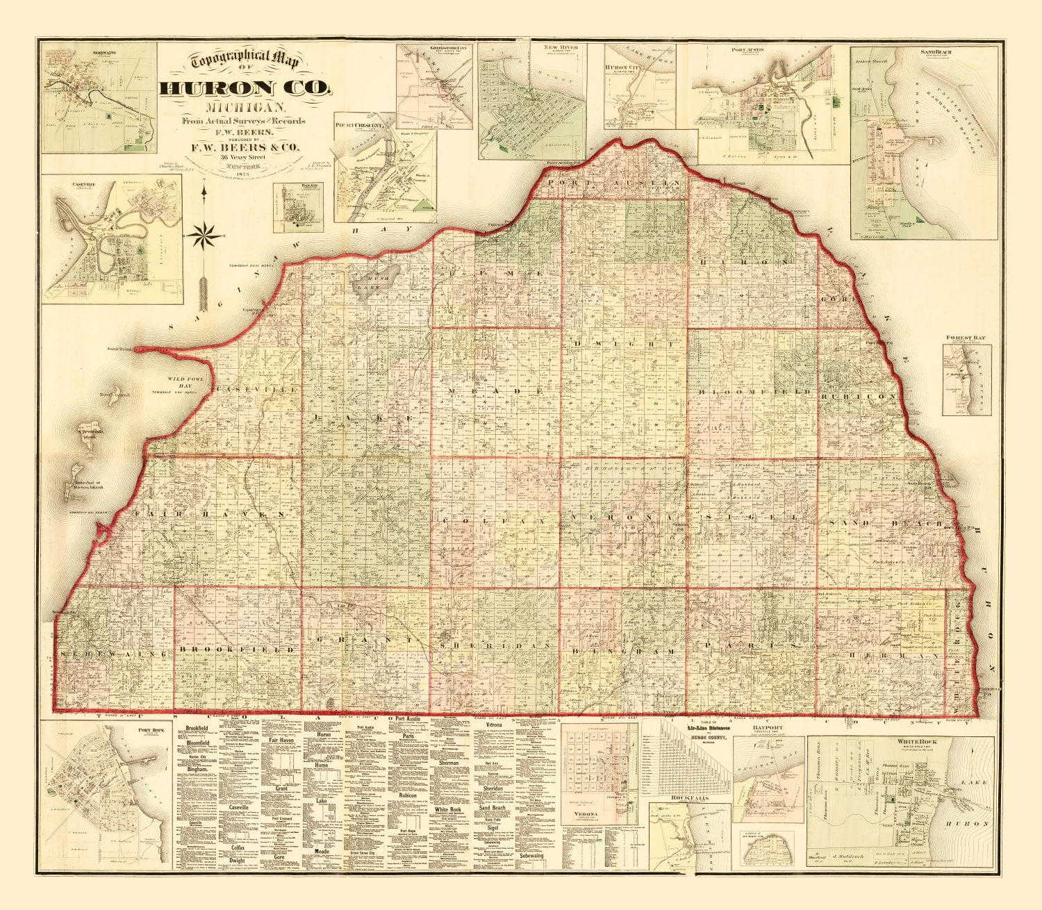 Vintage Map of Huron County, Michigan 1875