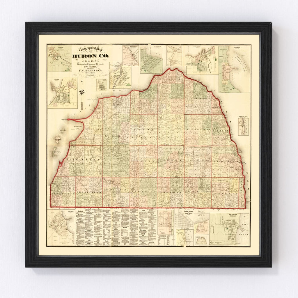 Vintage Map of Huron County, Michigan 1875