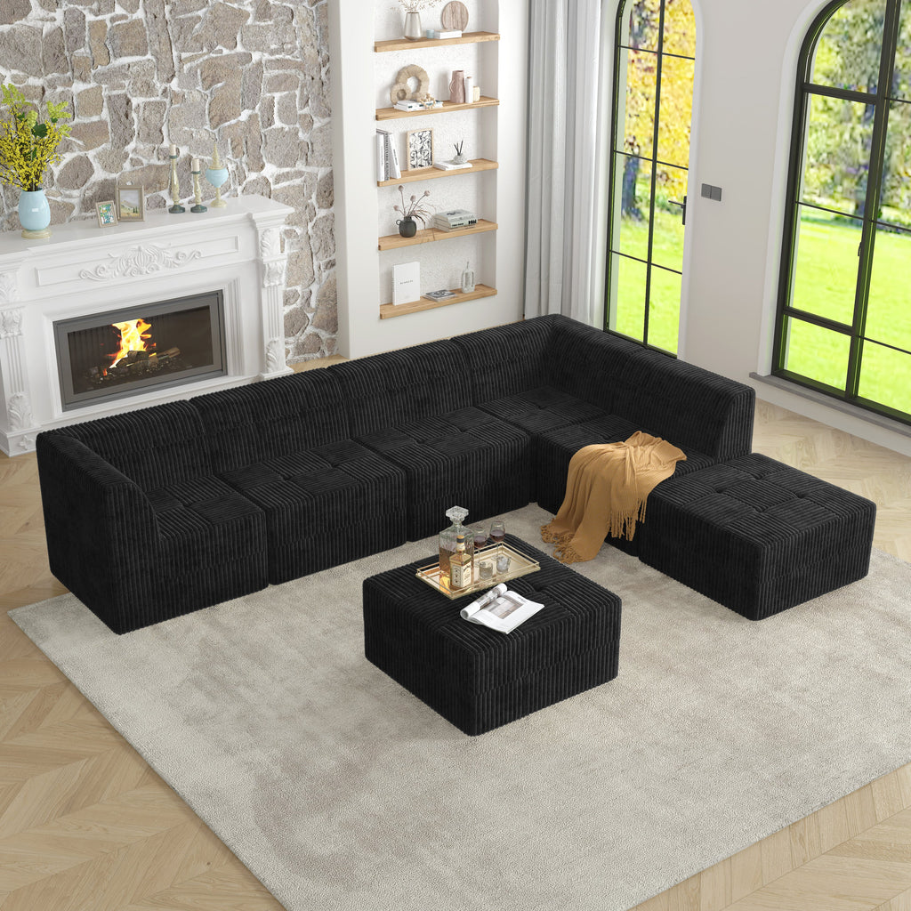 L shape Modular Sectional Sofa,DIY Compressed Sectional Sofa Modern Minimalist Style Corduroy Couch, Sleeper Sofa for Living Room, Bedroom, Comfy Compressed Sofa Couch Space-Efficient Design-black