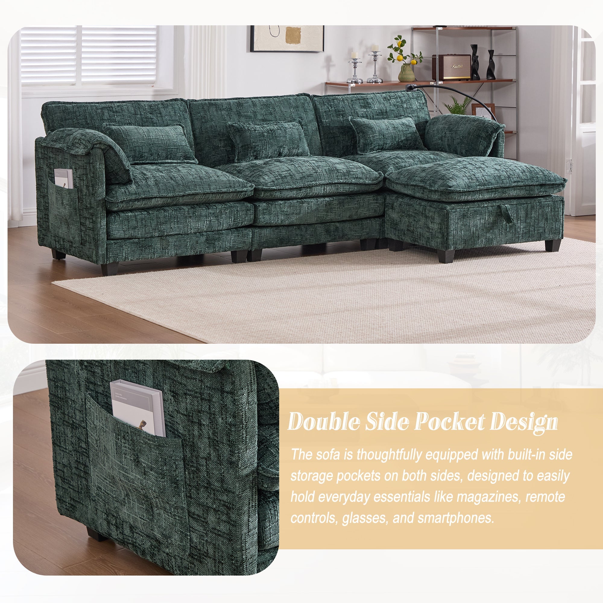 UNITED WE WIN 112' Oversized Sectional Sofa Cloud Couch for Living Room, Modern Chenille L Shaped Couch, Comfy Boucle Modular Sofa Sleeper with Movable Storage Ottoman, Phone Holder, USB Charging Port