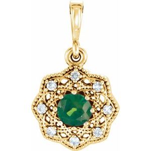 14K Yellow Gold Natural Emerald & .06 CTW Natural Diamond Halo-Style Pendant