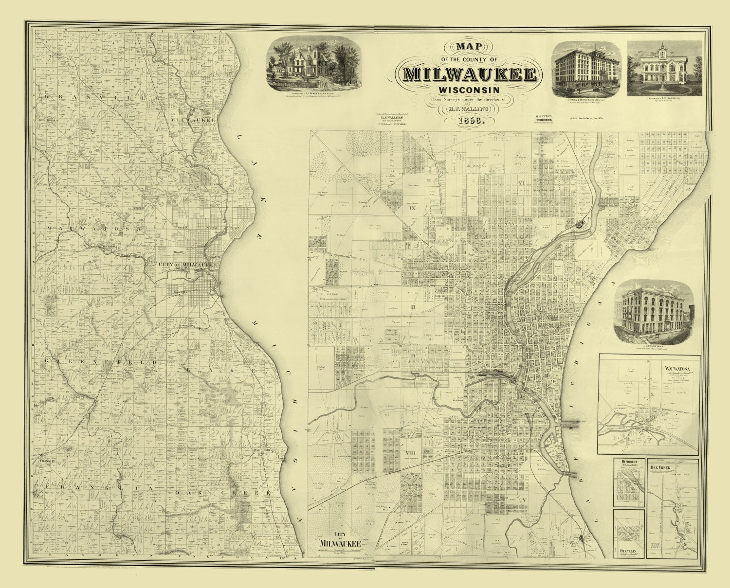 Vintage Map of Milwaukee County, Wisconsin 1858