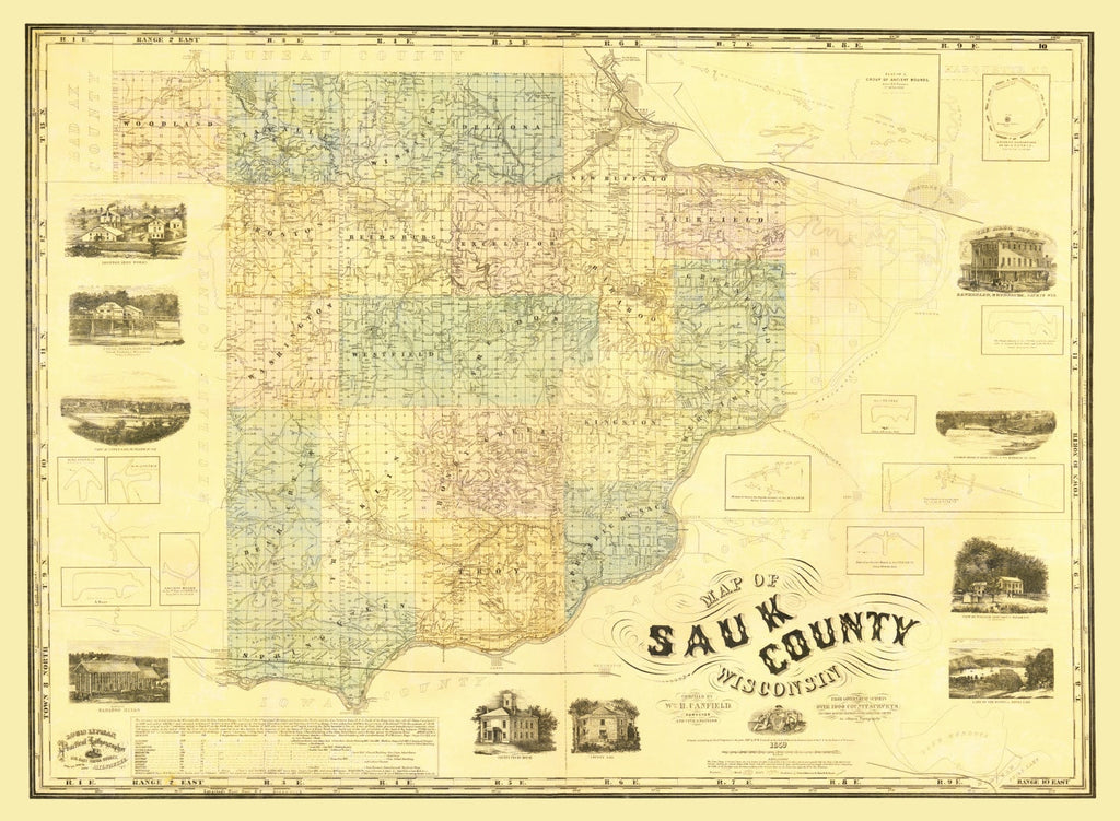 Vintage Map of Sauk County, Wisconsin 1859
