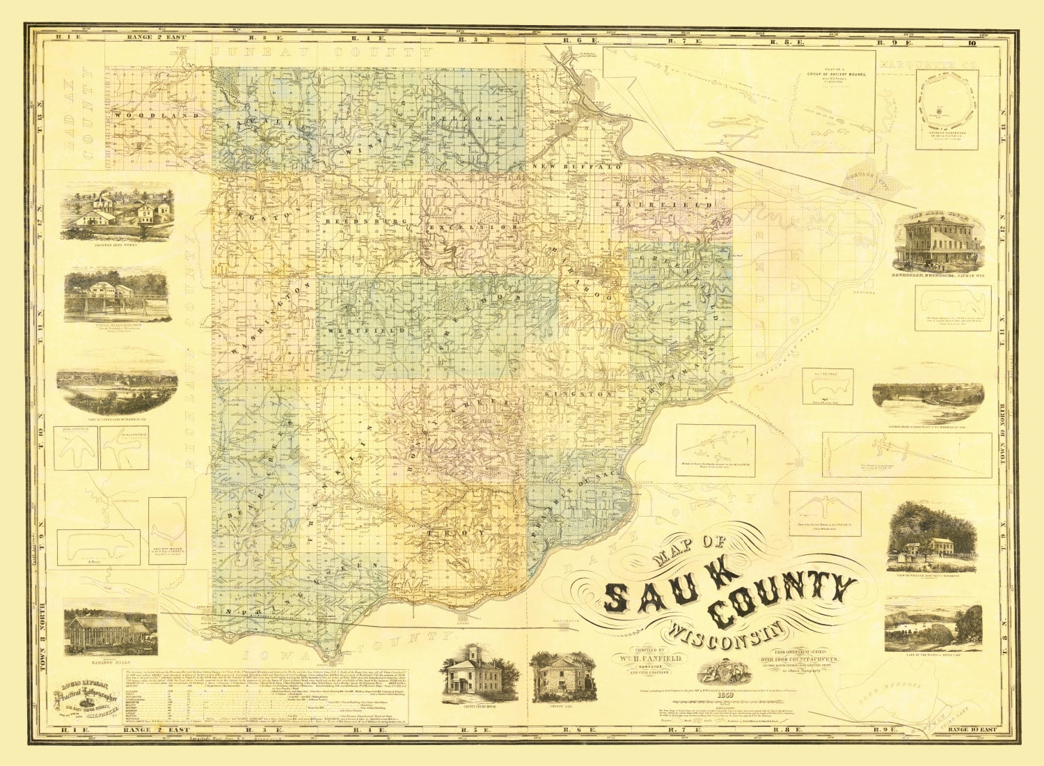 Vintage Map of Sauk County, Wisconsin 1859
