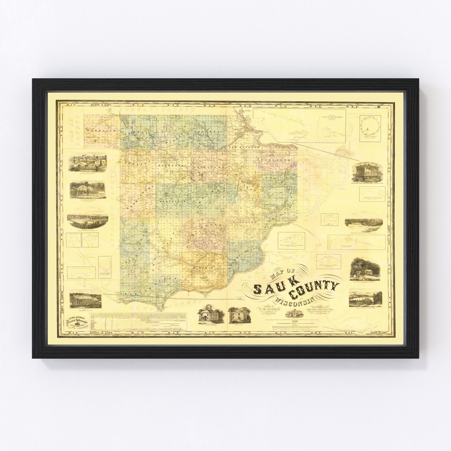Vintage Map of Sauk County, Wisconsin 1859