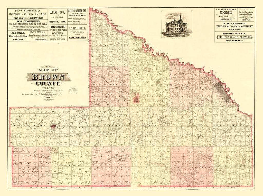 Vintage Map of Brown County, Minnesota 1886