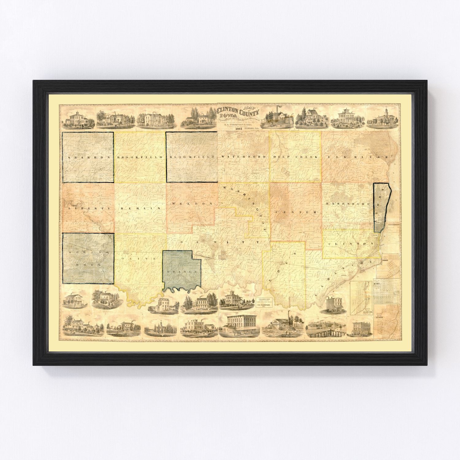 Vintage Map of Clinton County, Iowa 1865