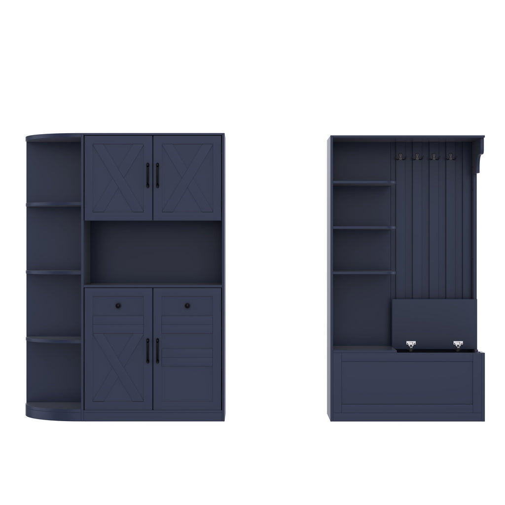 Multifunctional left-right combination hall cabinet (can be used separately) with storage and 4 hooks, storage cabinet/ hall tree 2 in 1 for living room, kitchen and hallway, antique blue