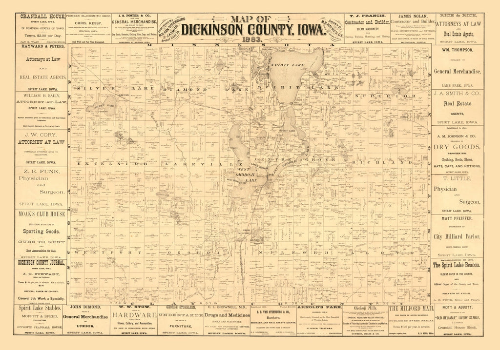 Vintage Map of Dickinson County, Iowa 1883
