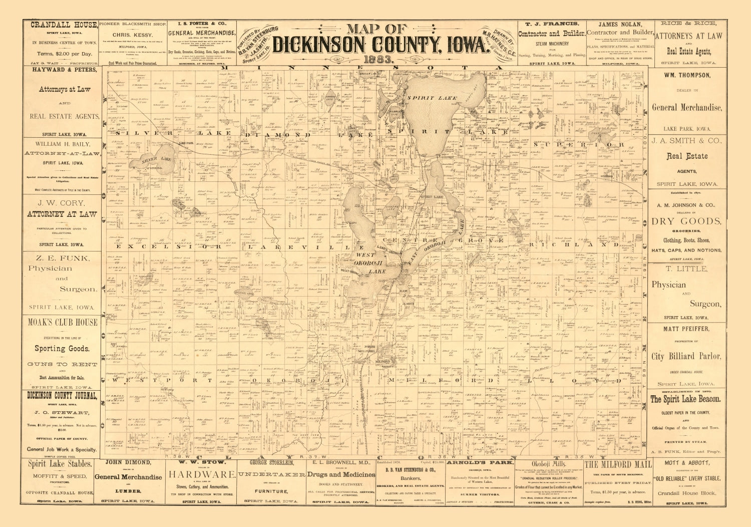 Vintage Map of Dickinson County, Iowa 1883