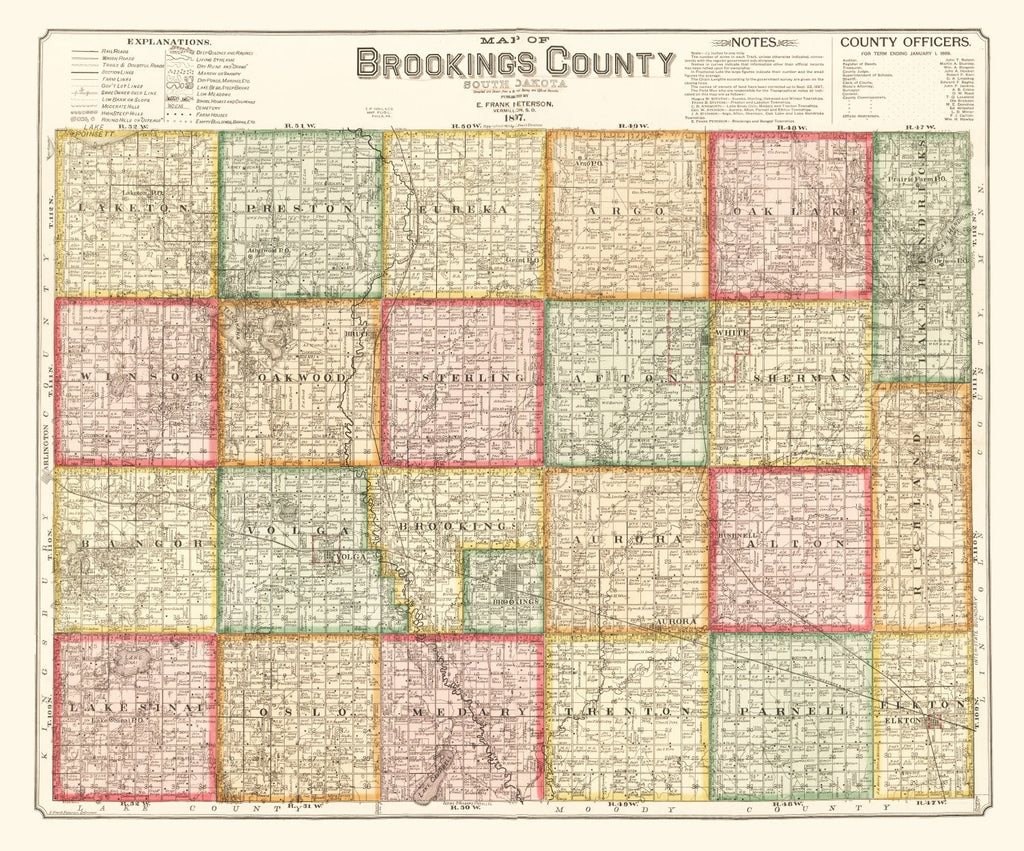 Vintage Map of Brookings County, South Dakota 1897
