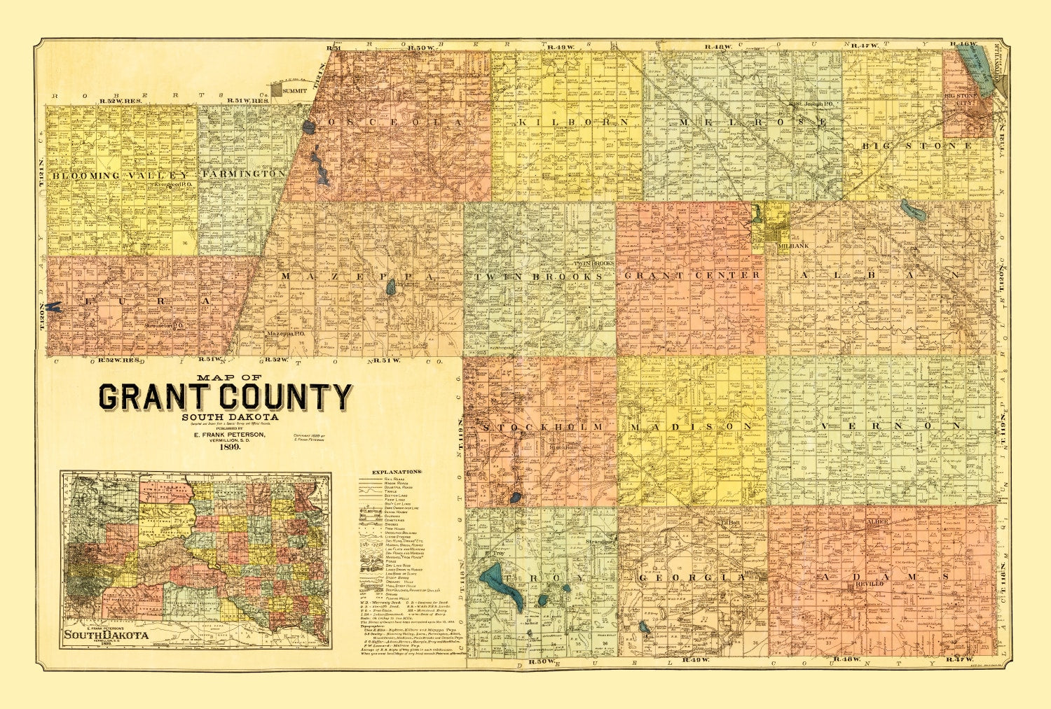Vintage Map of Grant County, South Dakota 1899
