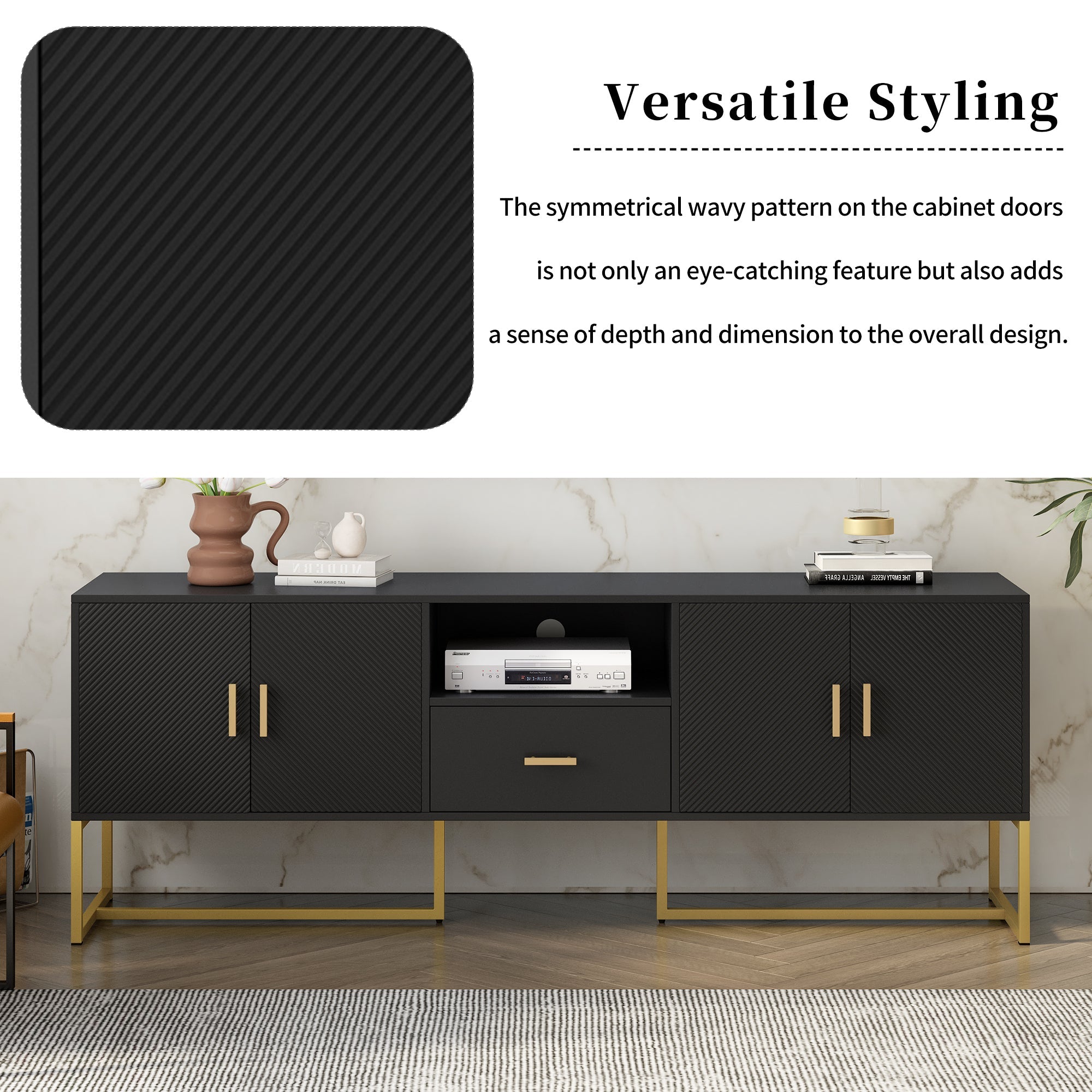 U-Can Modern TV Stand for TV up to 70 Inches,TV Cabinet with 1 Drawer, 2 Cabinets and Metal Legs, Handles and Anti-tip Device for Living room