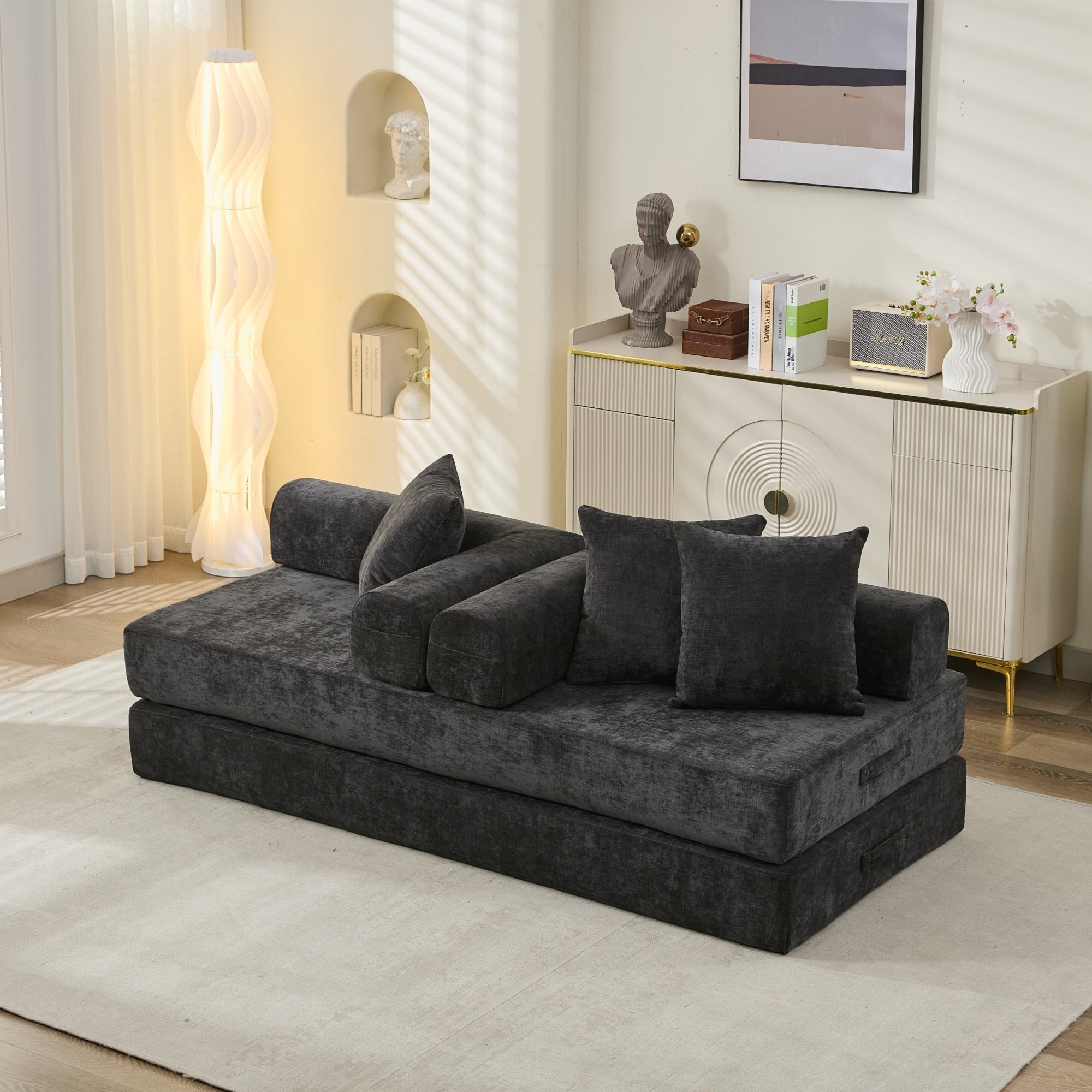 Comfy Convertible Folding Mattress Couch, Floor Sofa Bed, Chenille Floor Sofa with Armrest, Floor Sofa Lounge Couch for Living Room Bedroom Lounge Studio-Black