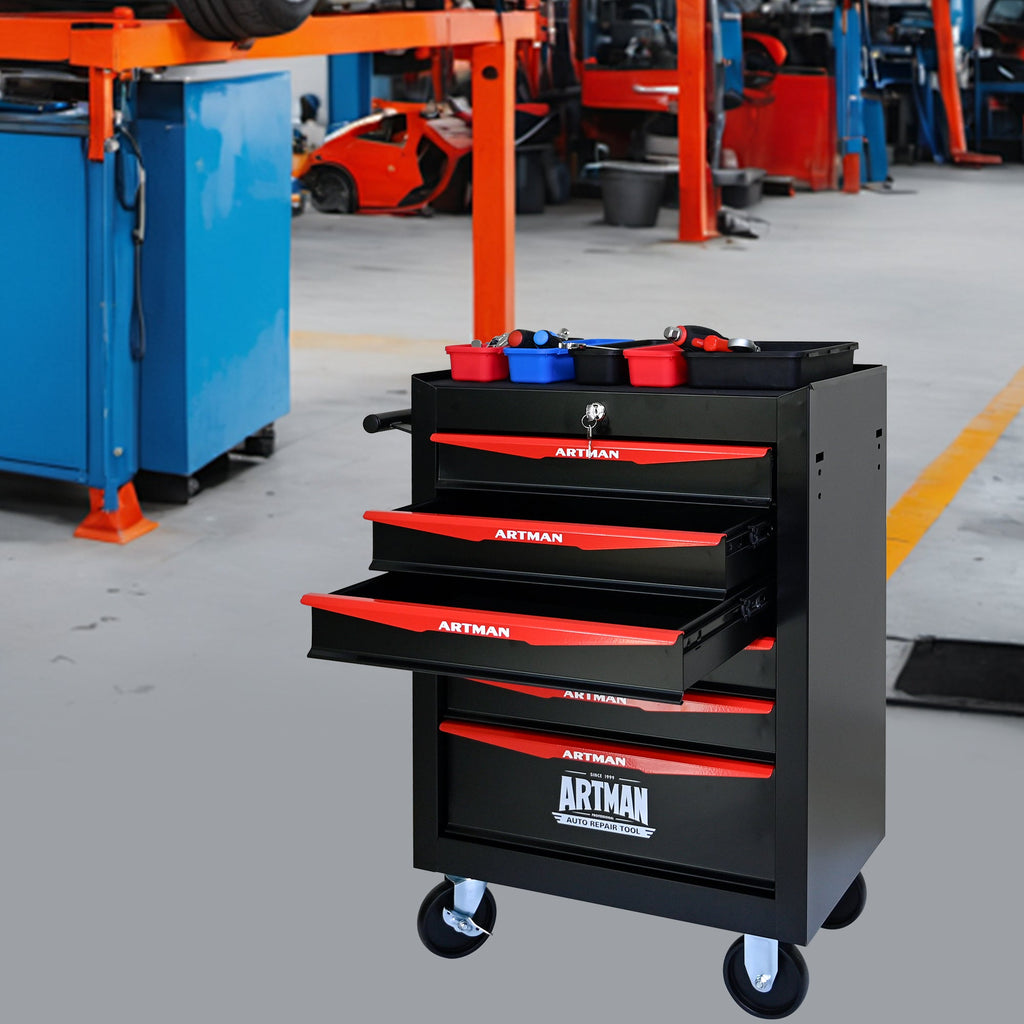 Rolling Metal Tool Chest with 6 Drawers, 20' Steel Storage Cabinet with Ball Bearing Slides, Black and Red Finish