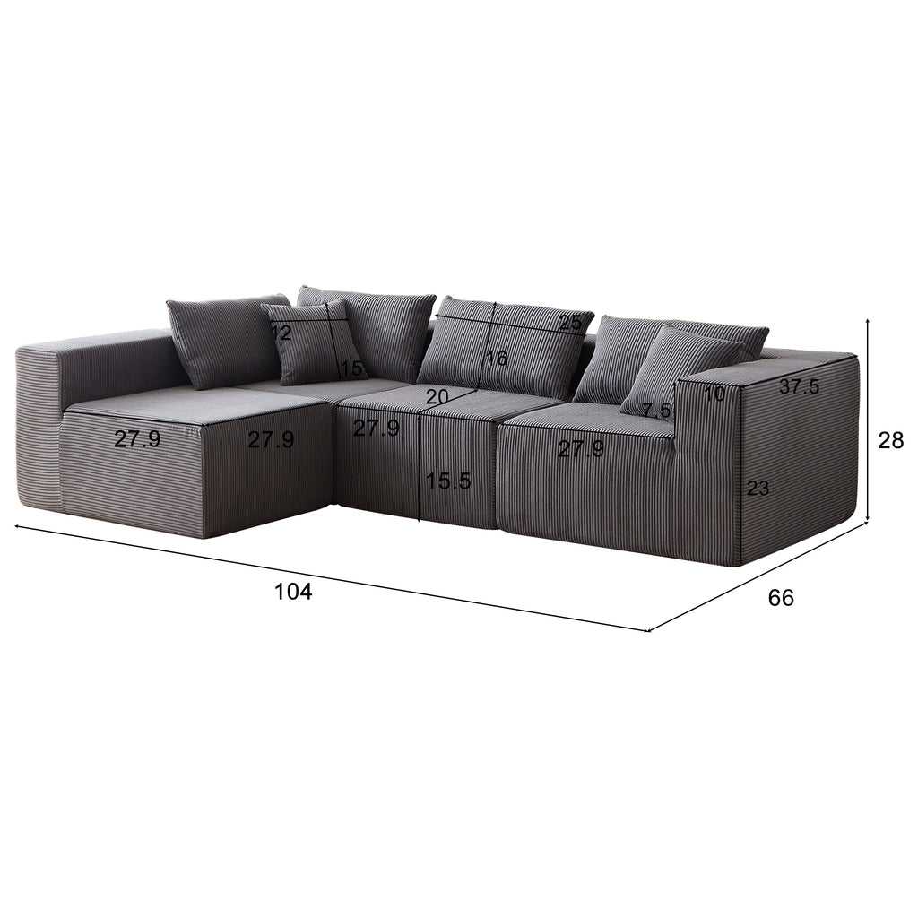 104-Inch Corduroy Modular L Shaped Sectional Sofa,Luxury Floor Couch Set,Upholstered Indoor Furniture,Foam-Filled Compressed Sofa for Living Room,Bedroom,4 PC Free Combination