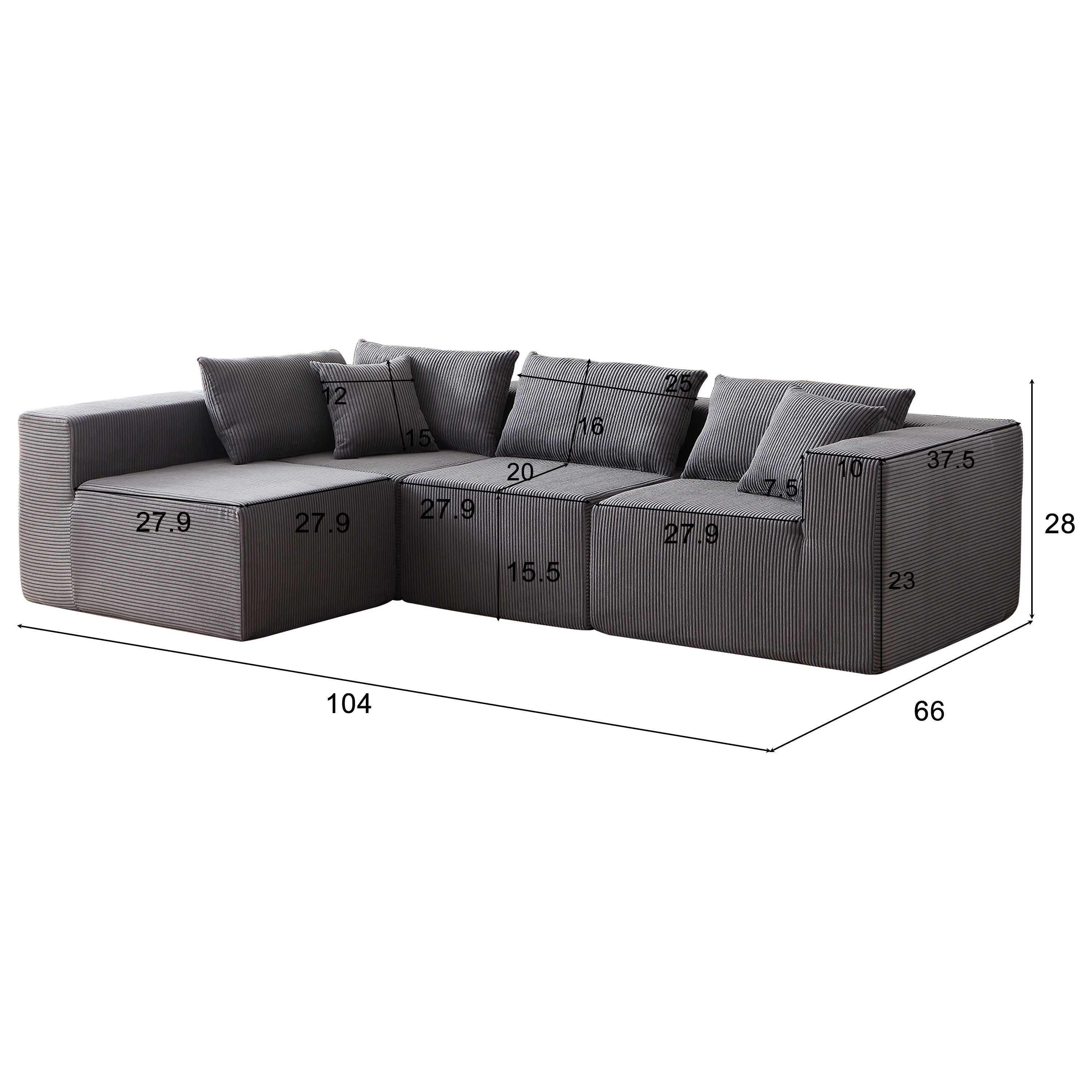104-Inch Corduroy Modular L Shaped Sectional Sofa,Luxury Floor Couch Set,Upholstered Indoor Furniture,Foam-Filled Compressed Sofa for Living Room,Bedroom,4 PC Free Combination