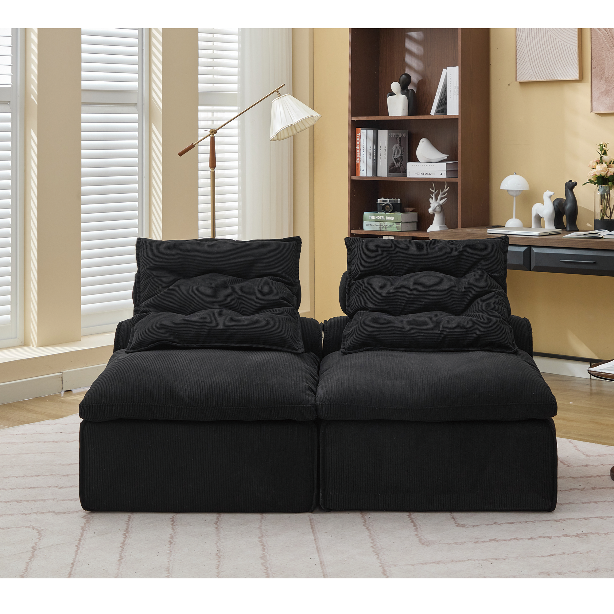 [NEW ARRIVED] [VIDEO PROVIDED]Modular Sofa,No Armrests,At will DIY,Soft Corduroy Fabric,Neck Pillow-Back Lounge Sofa Chair,Reading Nook, or Apartment Living, Lumbar Pillow,2 Seats,Upholstered,Black
