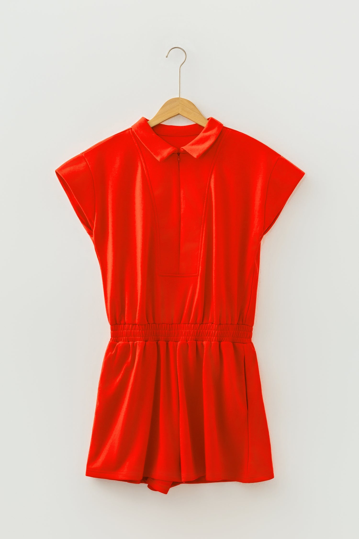 Solid Half Zip Polo Tee Elastic Waist Romper