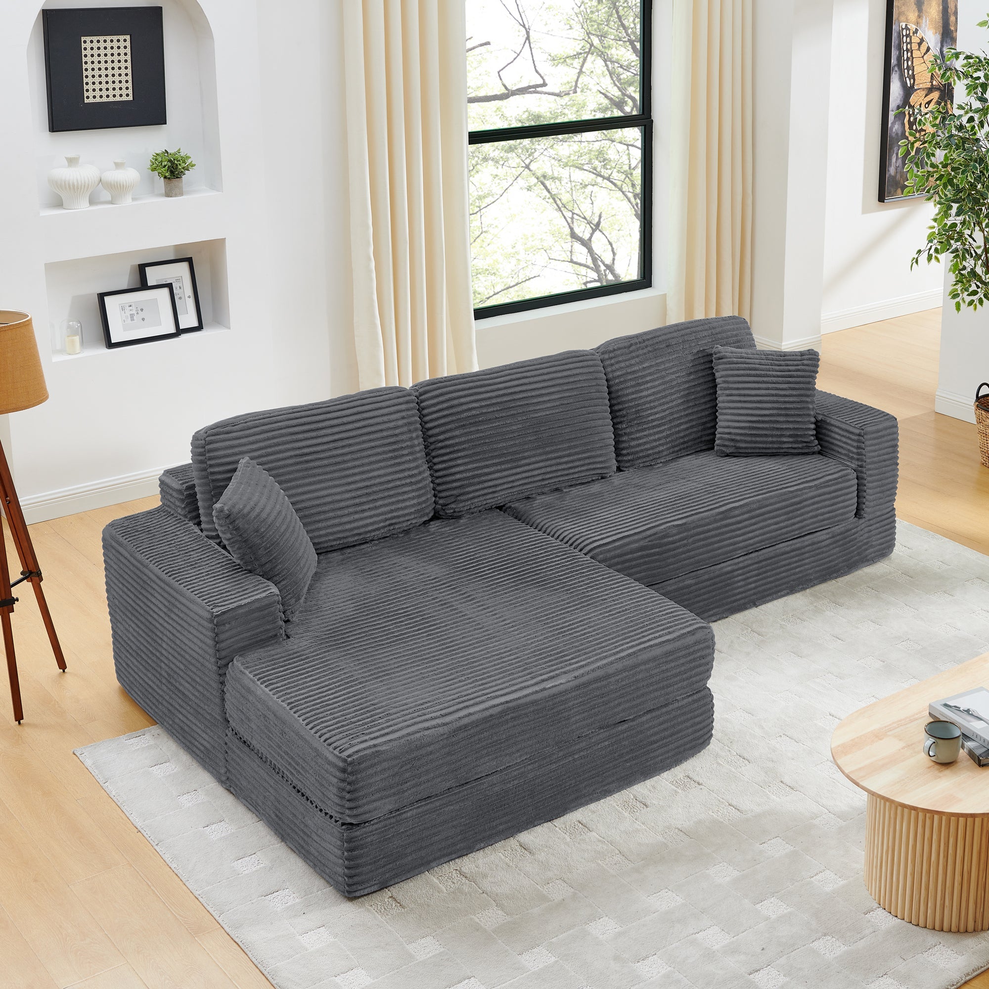 Minimalist L Shape Modular Sectional Sofa Bed in Gray Corduroy Fabric