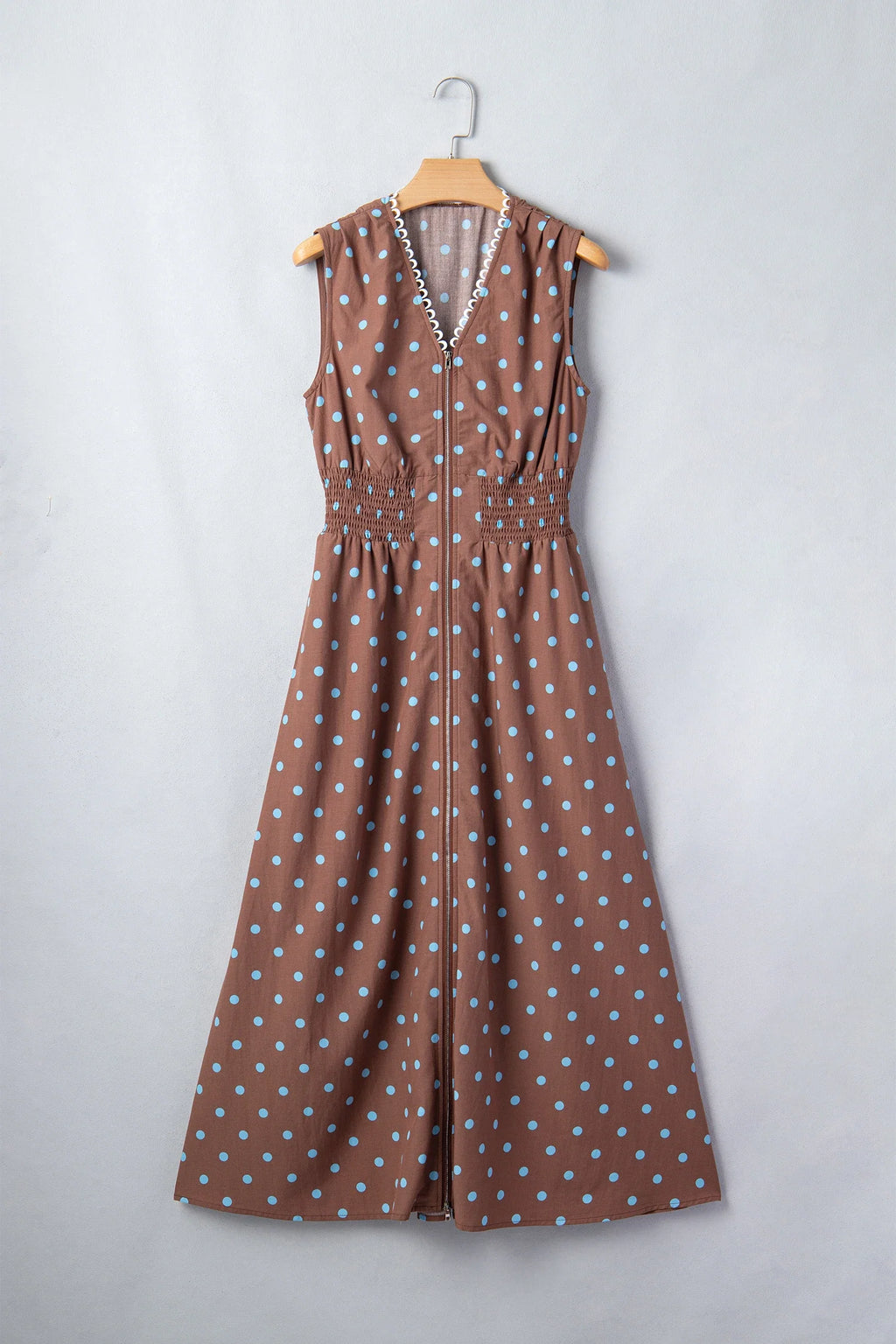 Polka Dot Zip Up V-Neck Sleeveless Dress