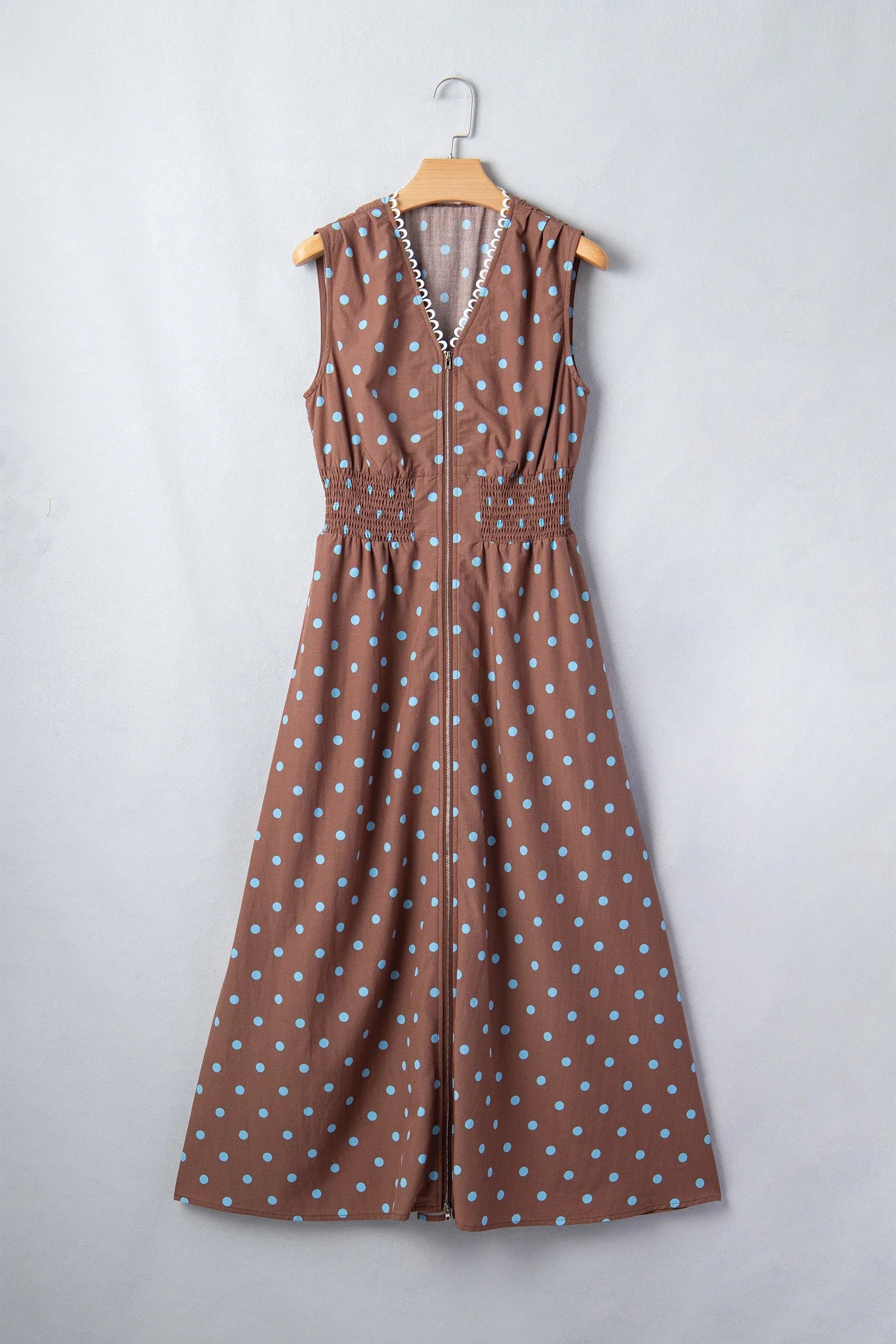 Polka Dot Zip Up V-Neck Sleeveless Dress