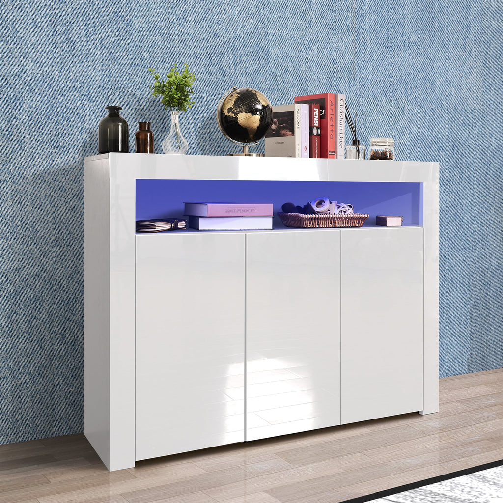 Living Room Sideboard Storage Cabinet Black High Gloss with LED Light, Modern Kitchen Unit Cupboard Buffet Wooden Storage Display Cabinet TV Stand with 3 Doors for Hallway Dining Room