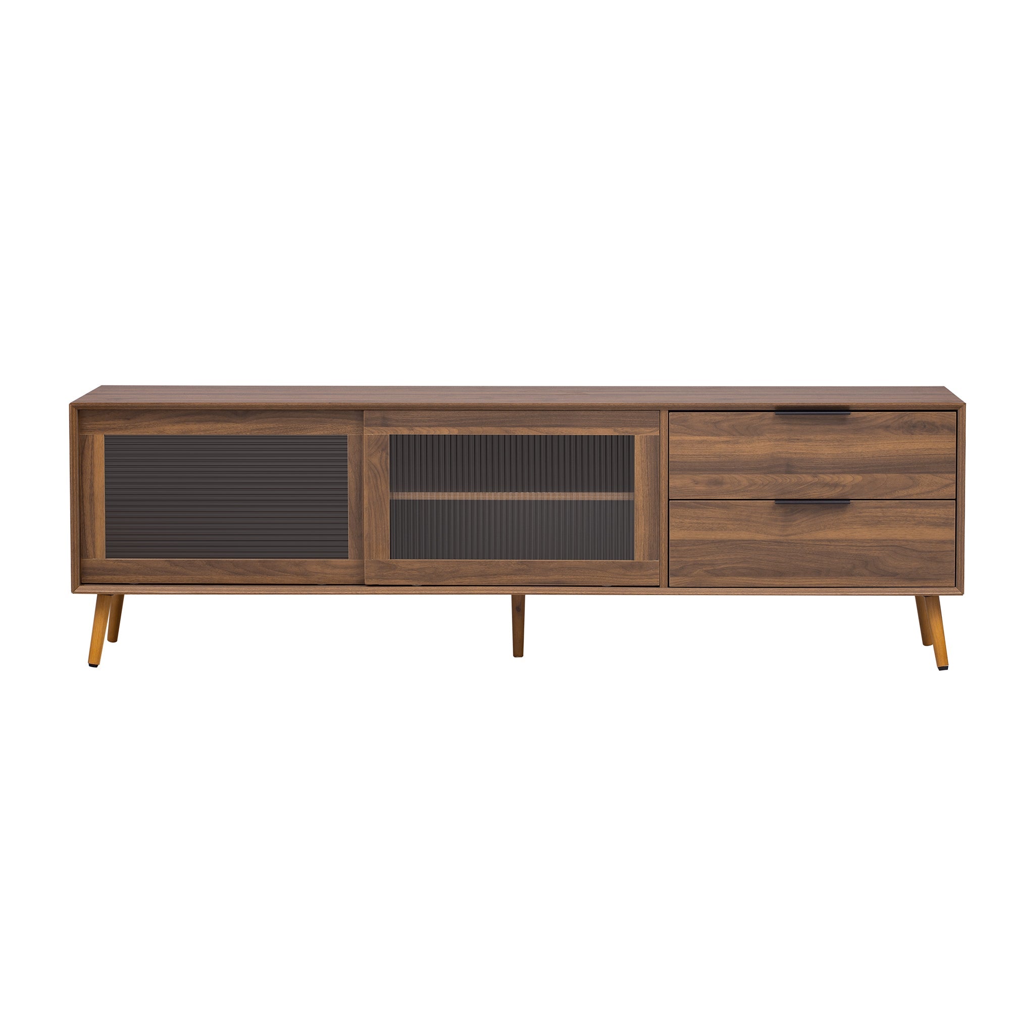 Modern TV Stand for 75'+ TV, TV Console with 2 Glass Doors, Entertainment Center with 2 Drawers & Storage Cabinet, 70' Media Console Table for Living Room, Bedroom