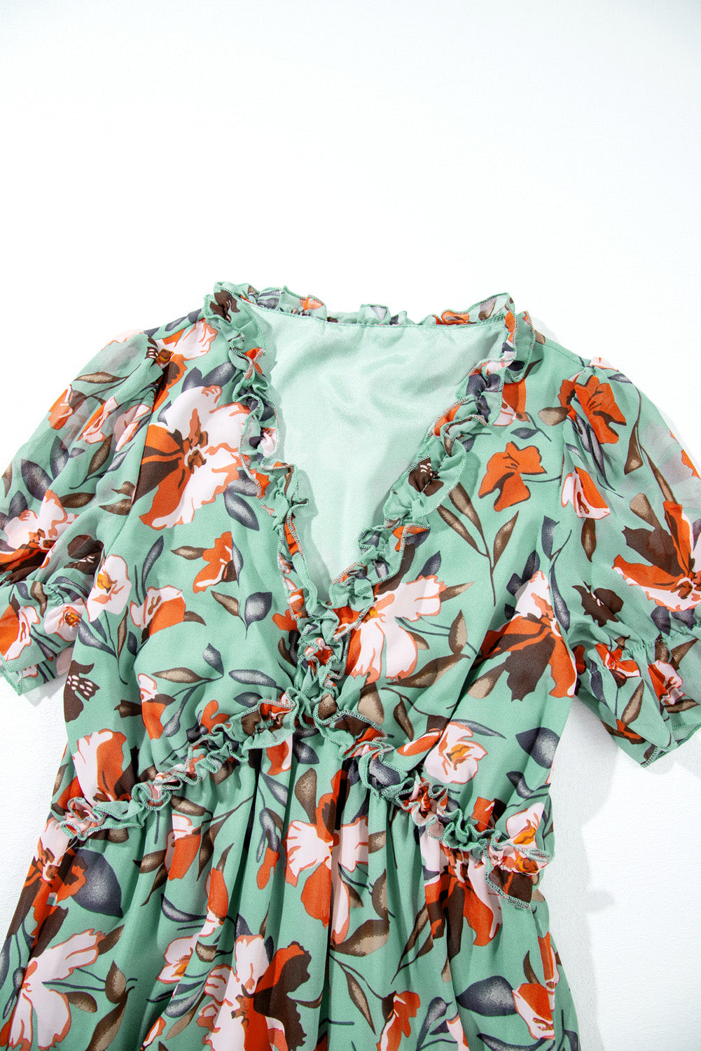 Floral Frilled V-Neck Short Sleeve Maxi Dress