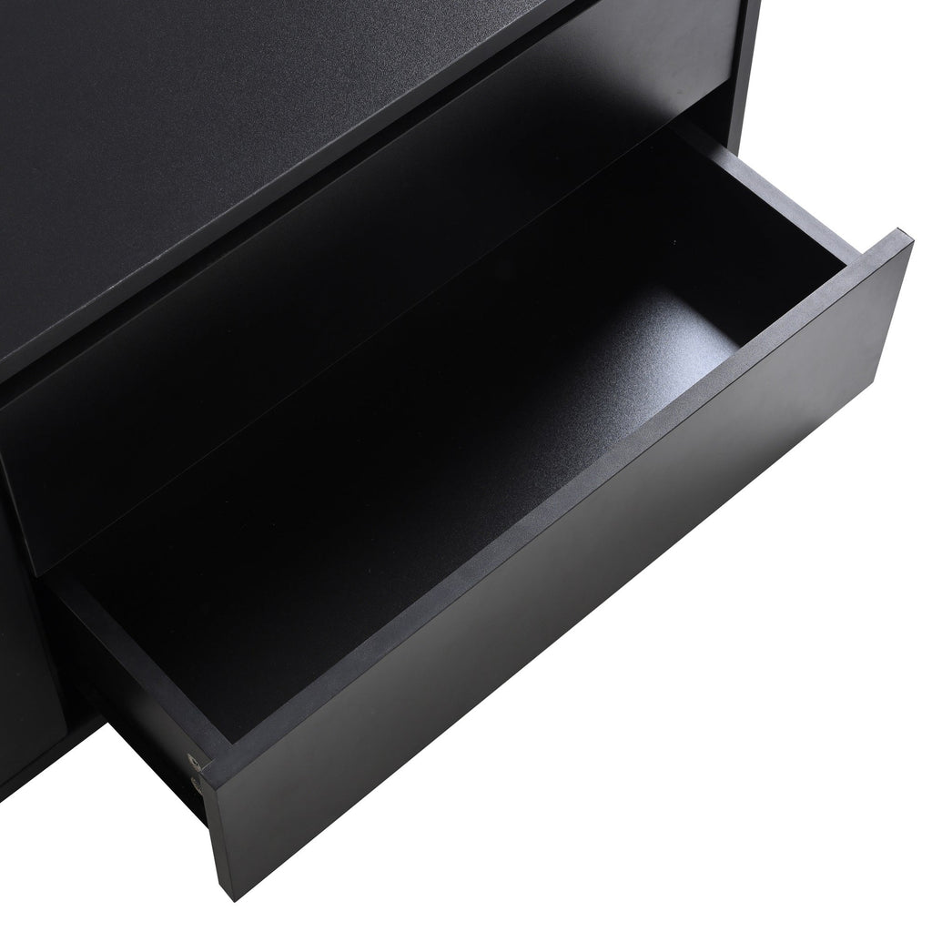 ON-TREND Modern TV Stand with Fluted Glass Door for TVs Up to 100', Media Console with Sliding Door & 2 Drawers, Free-Combination Entertainment Center with LED Light for Living Room, Bedroom, Black