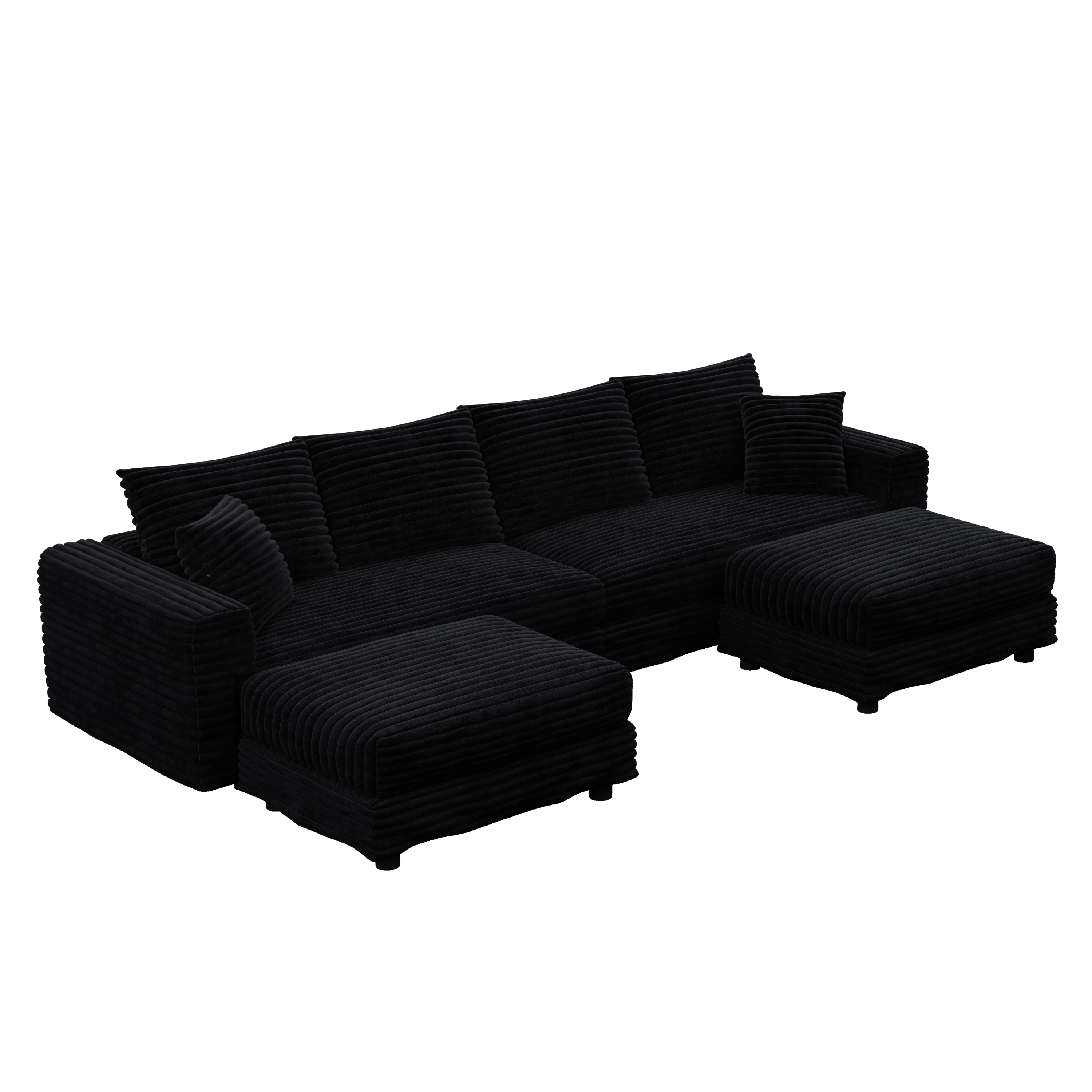 104.3 ' Plush Corduroy 4-Seat Sofa, Modern Comfy Upholstered Sofa Cloud Couch, Deep Seat Couches with Soft Pillows and 2 Ottomans, Convertible Sofa Lounge Chair, for Living Room,Apartment,Office,Black