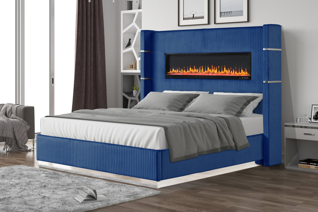 Modern Style Upholstery King 5 Piece(Includes: King Size Bed, Nightstand, Chest of Drawers, Dresser, and Mirror) Fireplace Bedroom Set made with wood in Blue