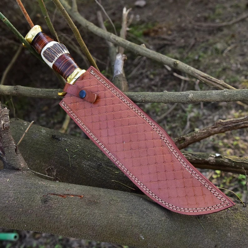 Premium D2 Steel Bowie Knife - 16" Overall, 11" Blade, Antler Horn Handle, Stacked Leather & Brass Guards