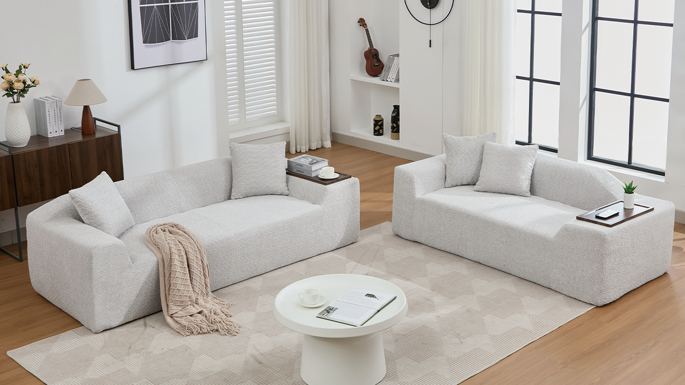 [NEW ARRIVED] [VIDEO PROVIDED]2 Piece Boucle Cloud Sofa Set, Upholstered Sofa Set, Modern 3 Seater and 2 Seater Sofa  with MDF End Table for Living Room ,Apartment,3+2 couch,Boucle, Light Gray