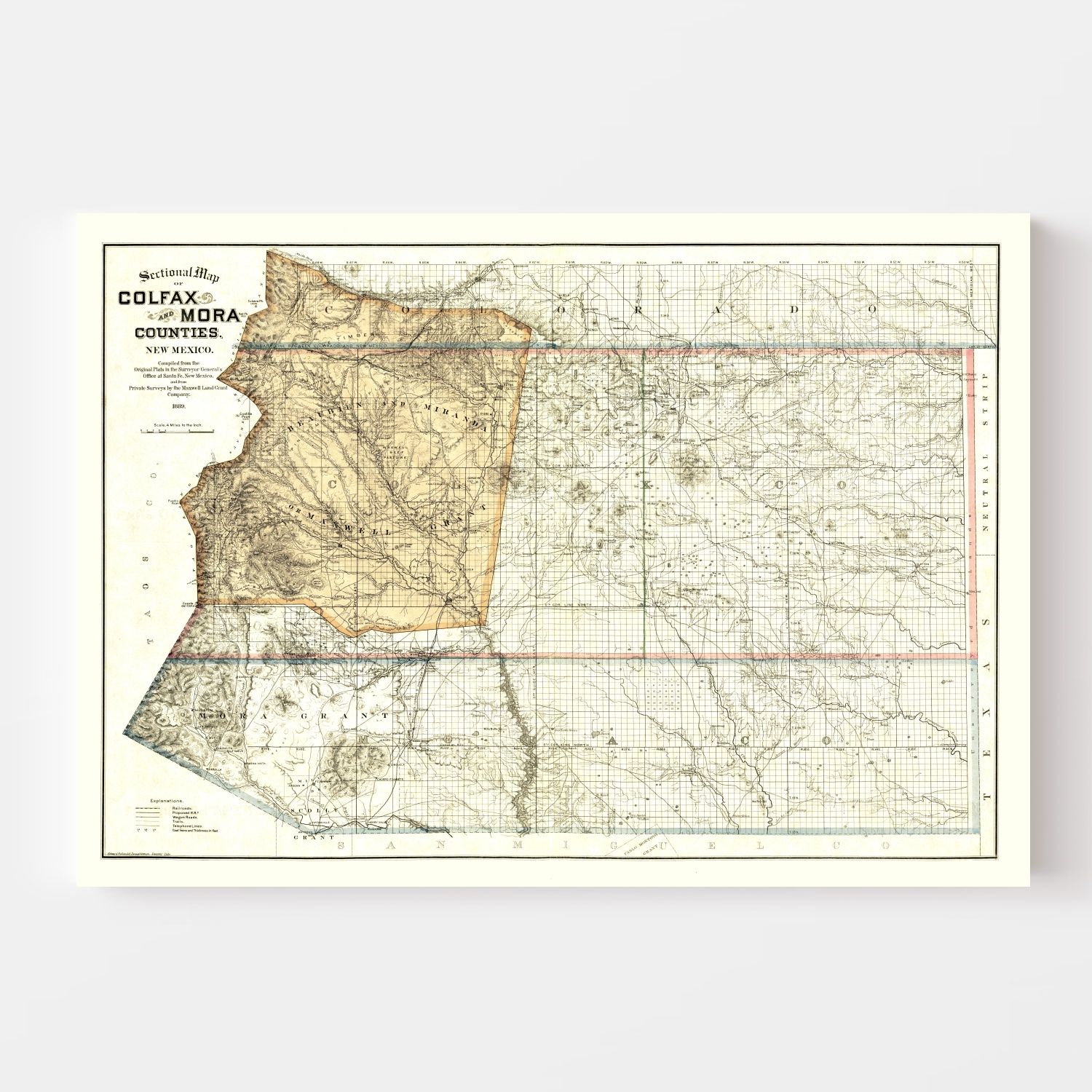 Vintage Map of Colfax County, New Mexico 1889