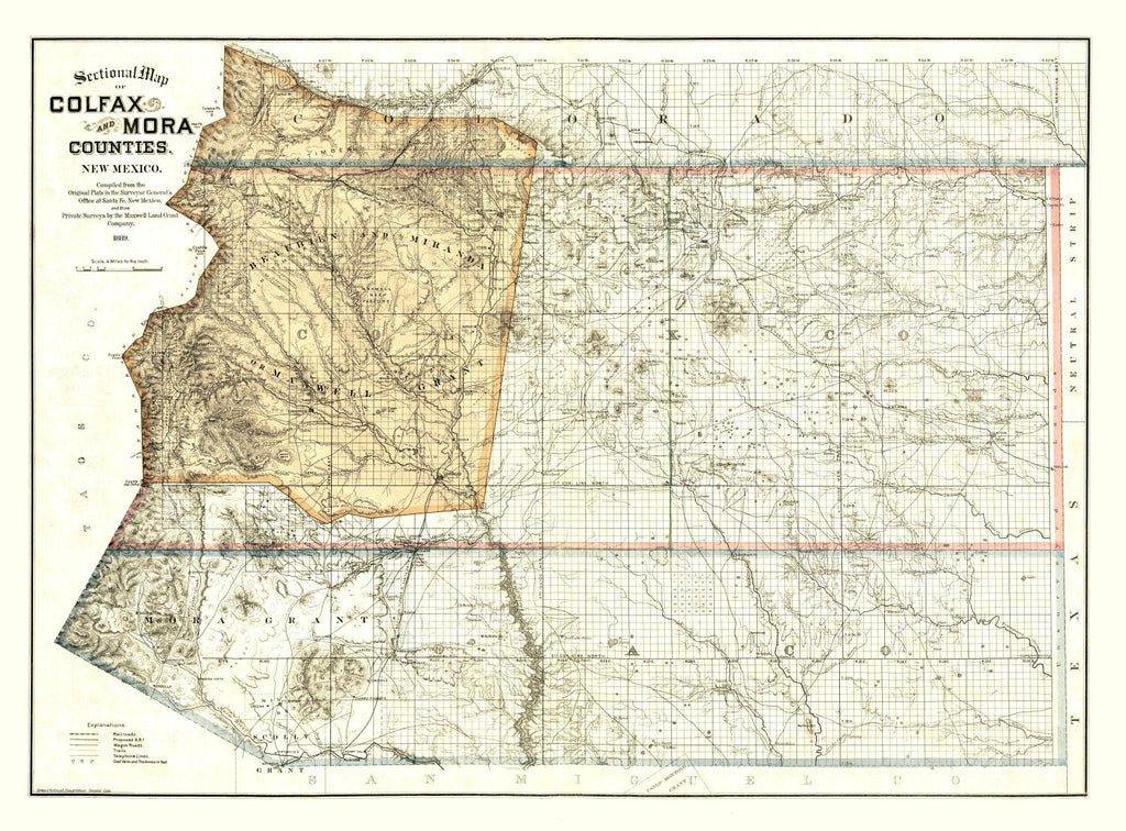 Vintage Map of Colfax County, New Mexico 1889