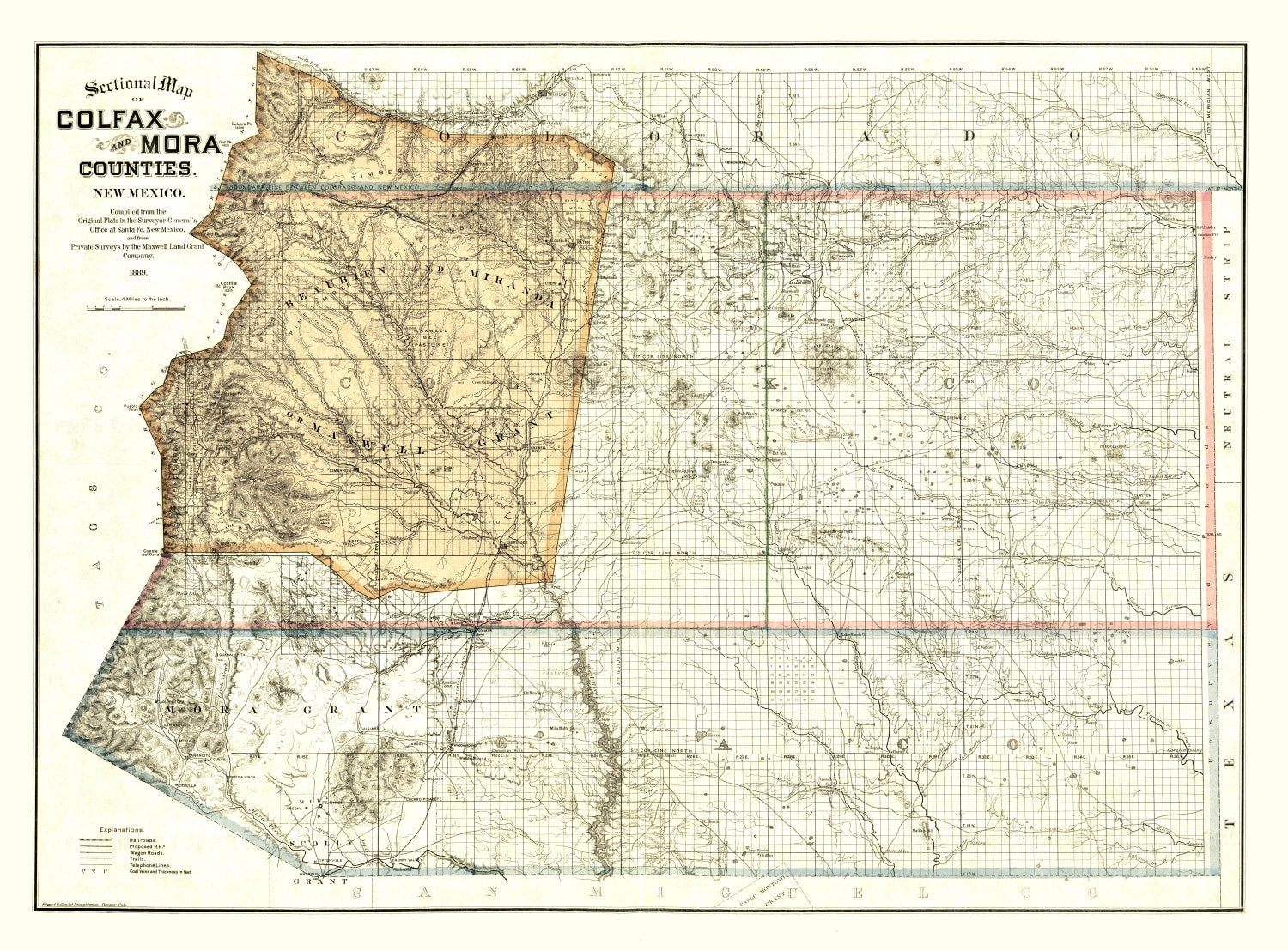 Vintage Map of Colfax County, New Mexico 1889