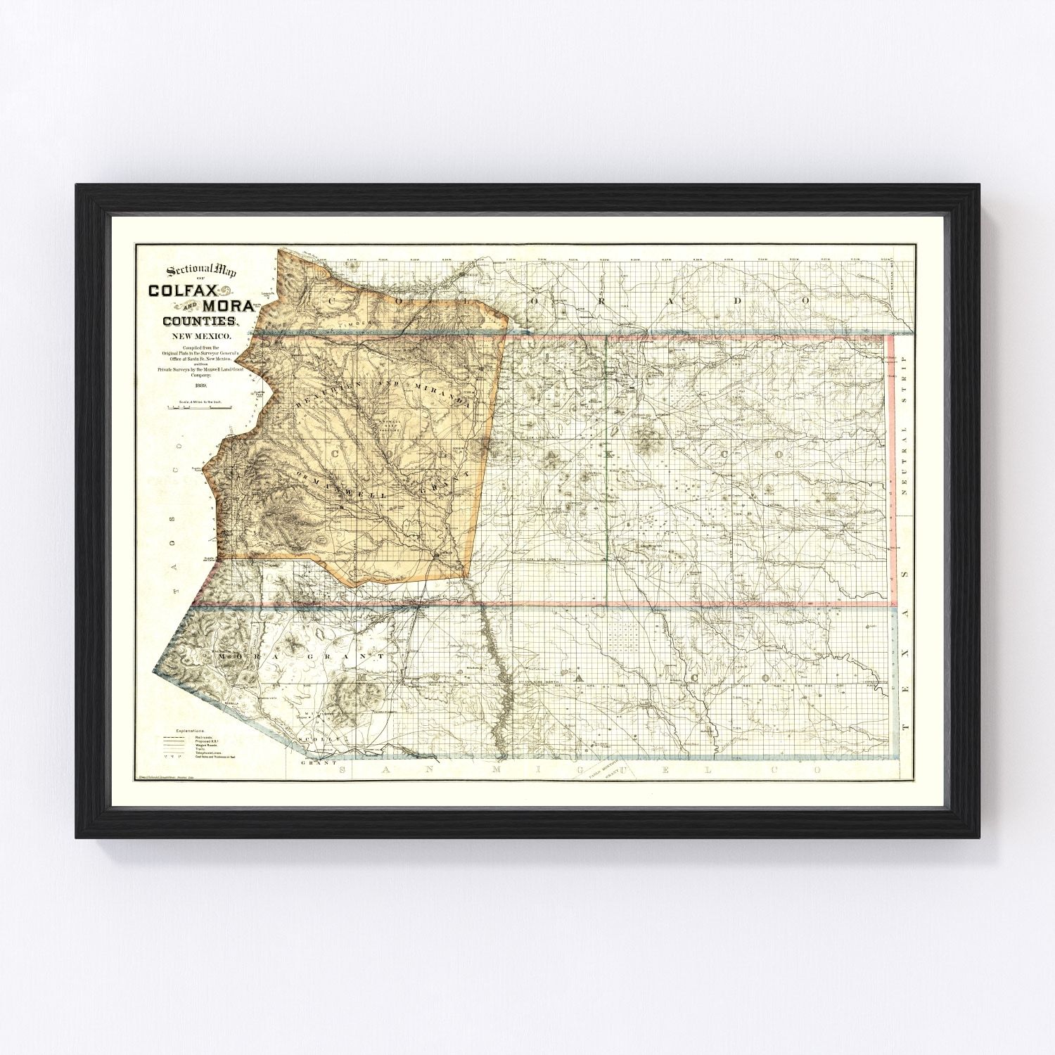 Vintage Map of Colfax County, New Mexico 1889