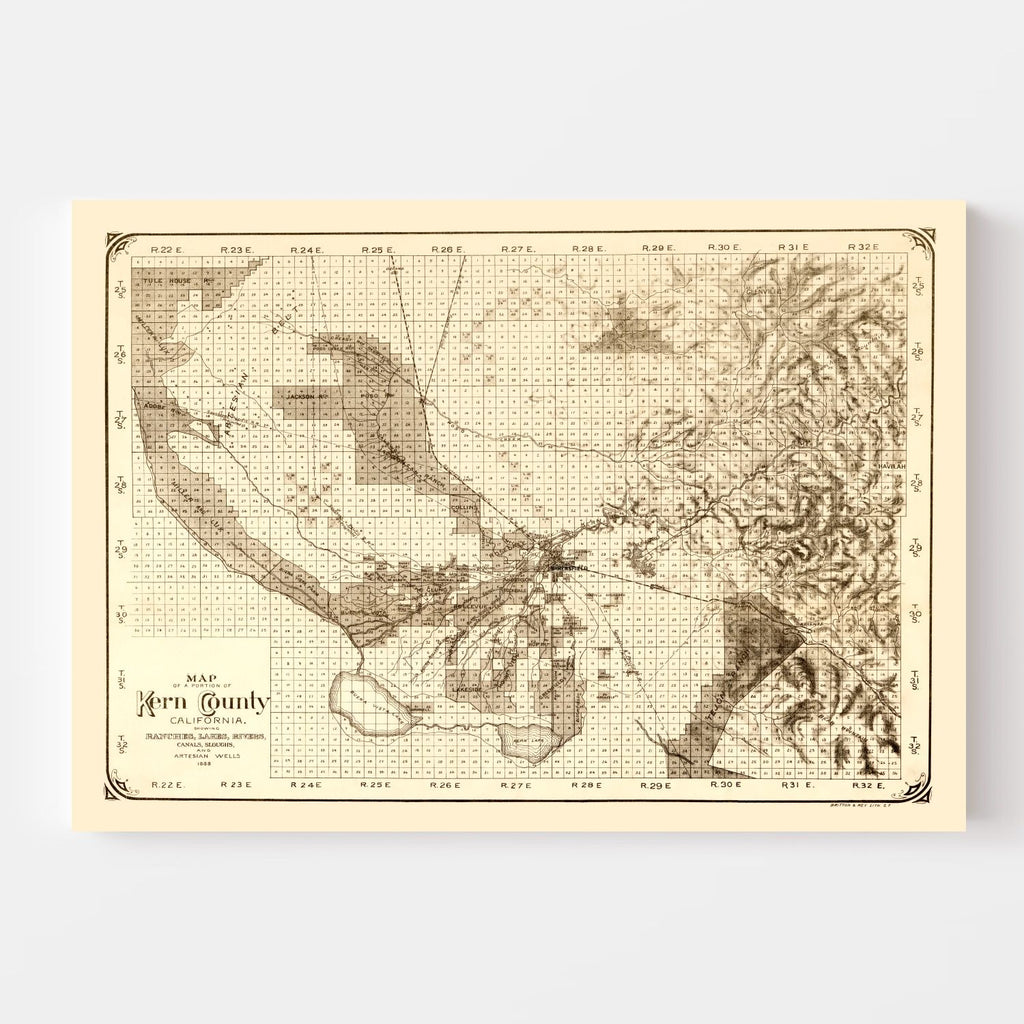 Vintage Map of Kern County, California 1888