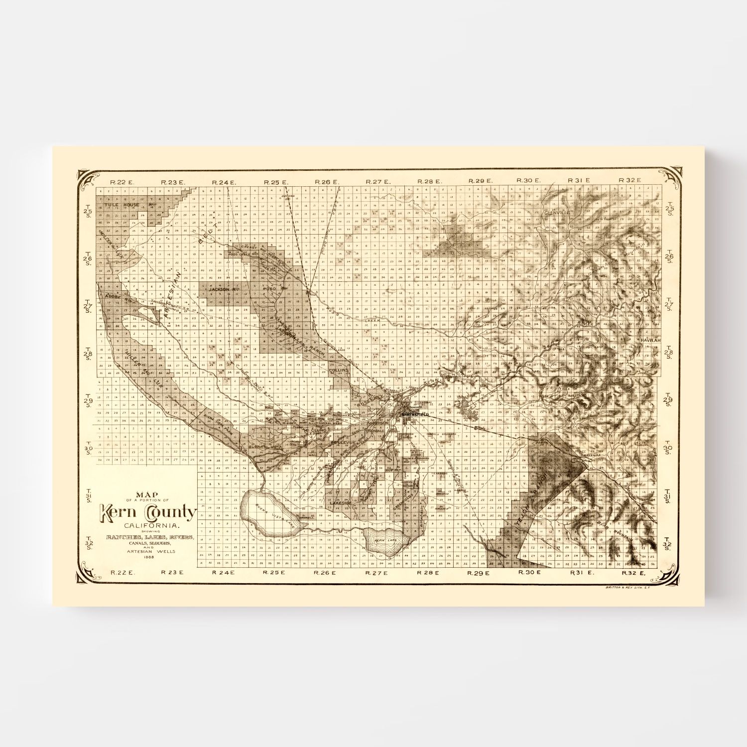 Vintage Map of Kern County, California 1888
