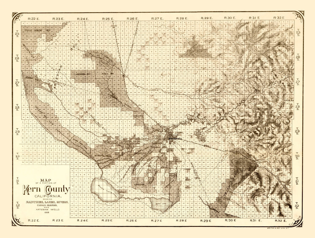 Vintage Map of Kern County, California 1888