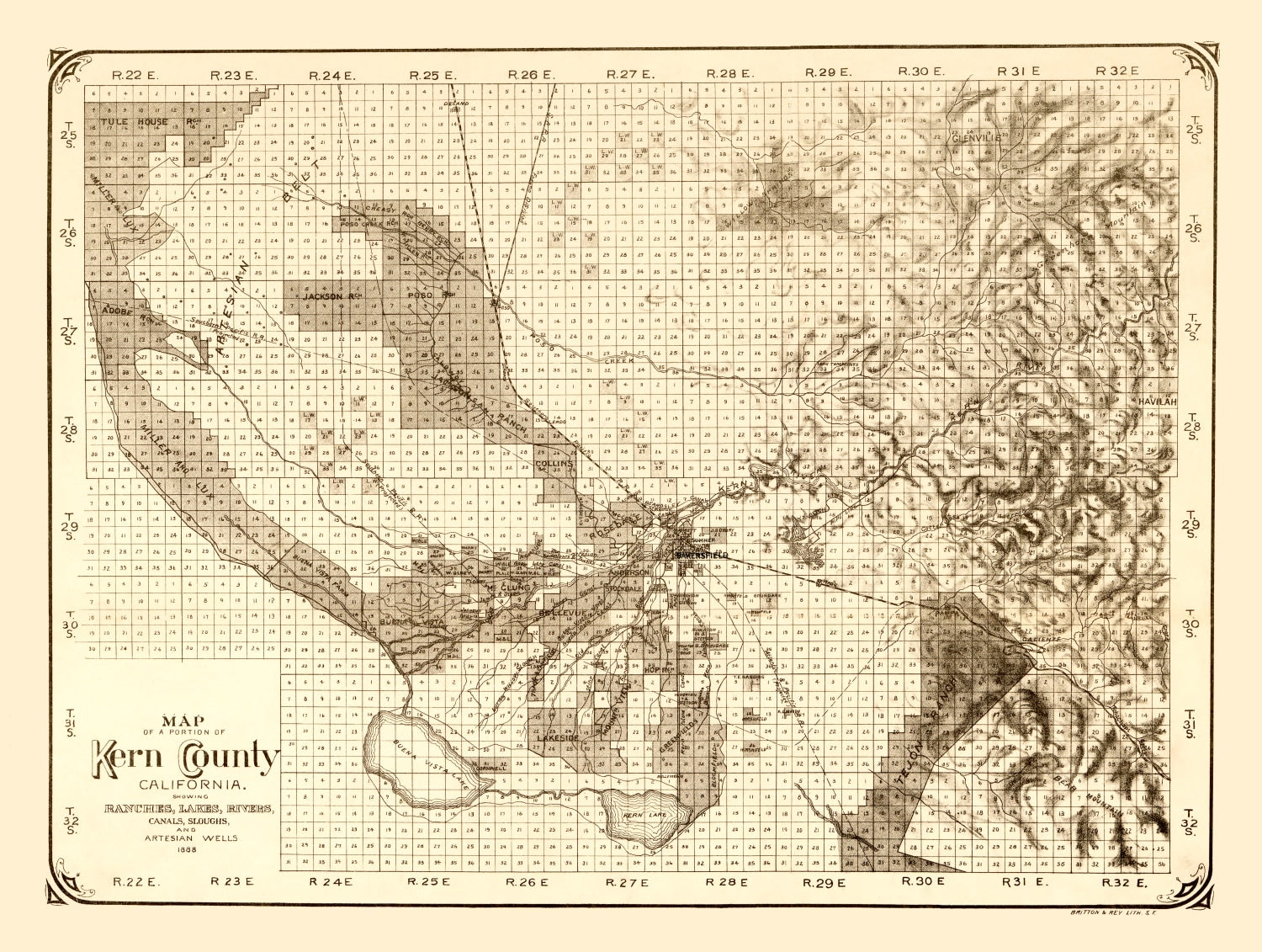 Vintage Map of Kern County, California 1888