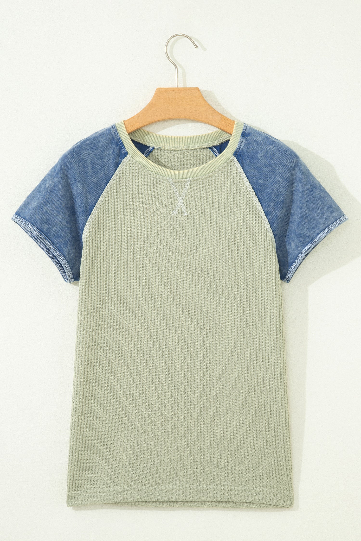 Colorblock Waffle Knit Patchwork Short Sleeve Top